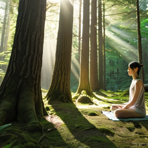 A serene forest scene with sunlight filtering through the trees, depicting a person practicing "forest bathing" (Shinrin-Yoku) with a focus on mindfulness and connection with nature. The atmosphere should be calming and promote a sense of inner peace.