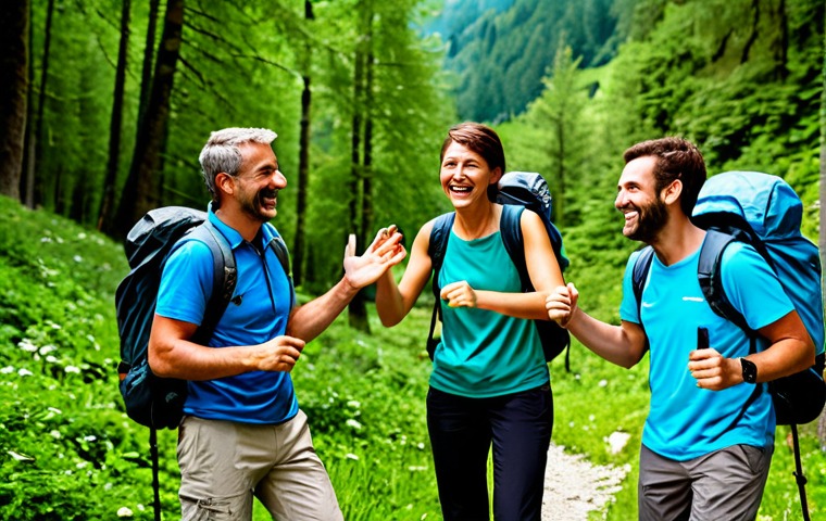 **
"A group of friends, fully clothed in appropriate hiking gear, trekking through a lush green forest in the Italian Alps, laughing and supporting each other, safe for work, appropriate content, professional photography, perfect anatomy, natural poses, well-formed hands, correct proportions, family-friendly."
**