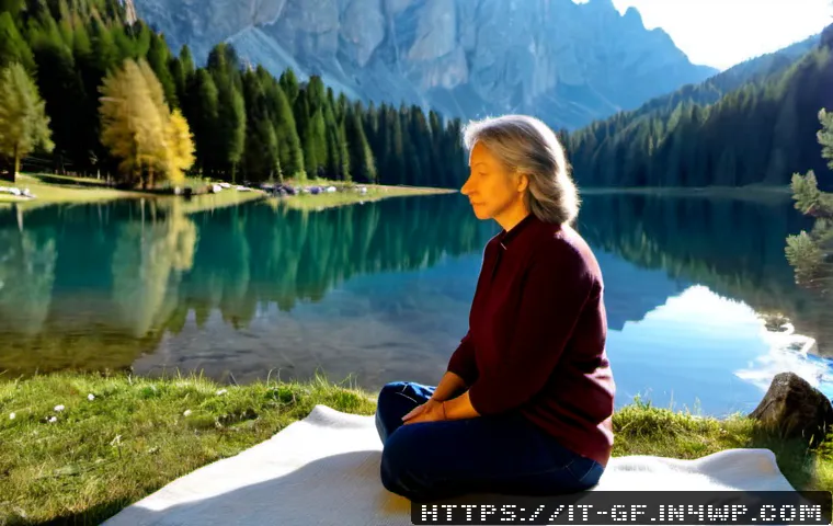 Home 11 아웃도어 테라피와 마음챙김 - Photorealistic outdoor mindfulness therapy scene in the Italian Dolomites, middle-aged Italian woman...
