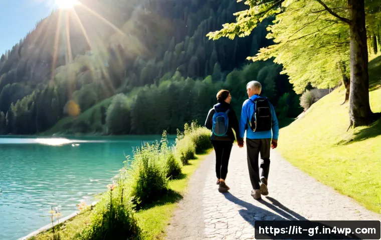Home 14 아웃도어 테라피의 경제적 효과 - Photorealistic wide shot of an Italian couple in their early sixties enjoying a peaceful morning wal...